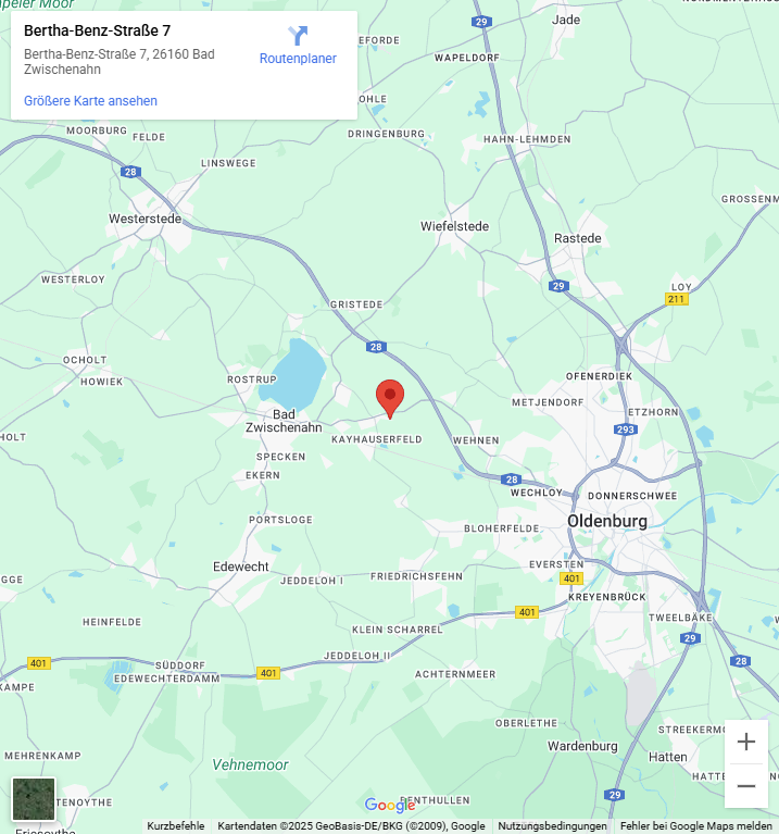 Kartenausschnitt von Google Maps mit einer roten Standortnadel auf Bertha‑Benz‑Straße 7 nahe Kayhauserfeld zwischen Bad Zwischenahn und Oldenburg; links oben ein kleines Informations‑Popup mit Adresse und Routenplaner.
