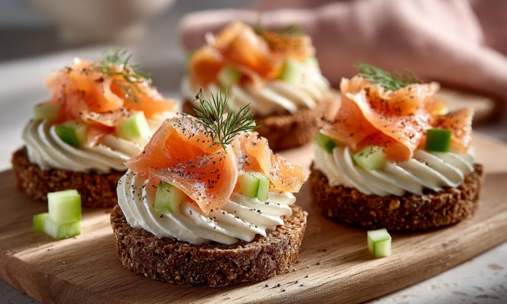 Vier kleine Scheiben dunkles Mehrkornbrot auf einem Holzbrett, jeweils mit einer Rosette Frischkäse, dünn gelegtem Räucherlachs, kleinen Gurkenwürfeln, Dill und schwarzem Pfeffer bestreut.